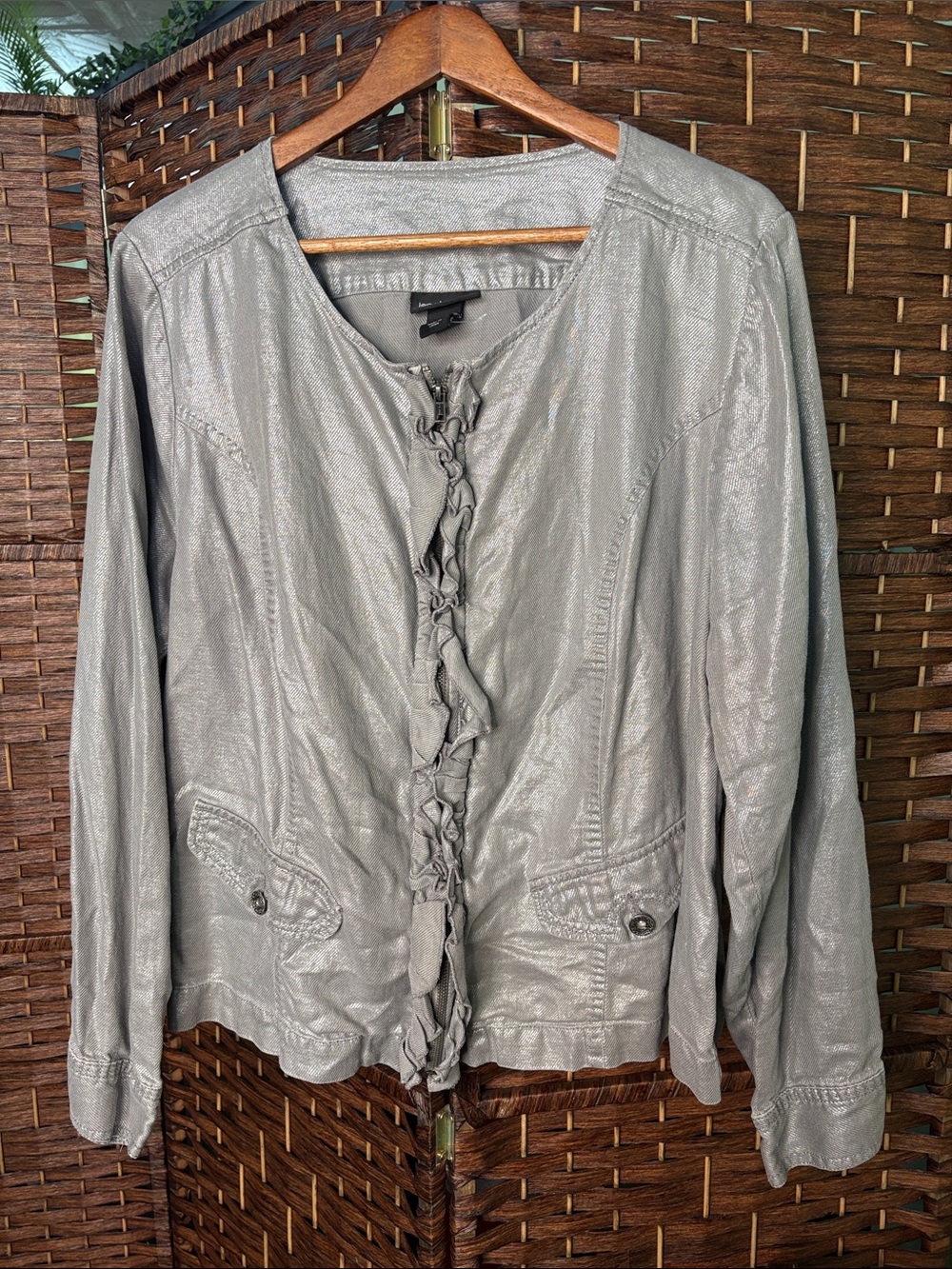 Lane Bryant Metallic Silver Ruffle-Front Jacket